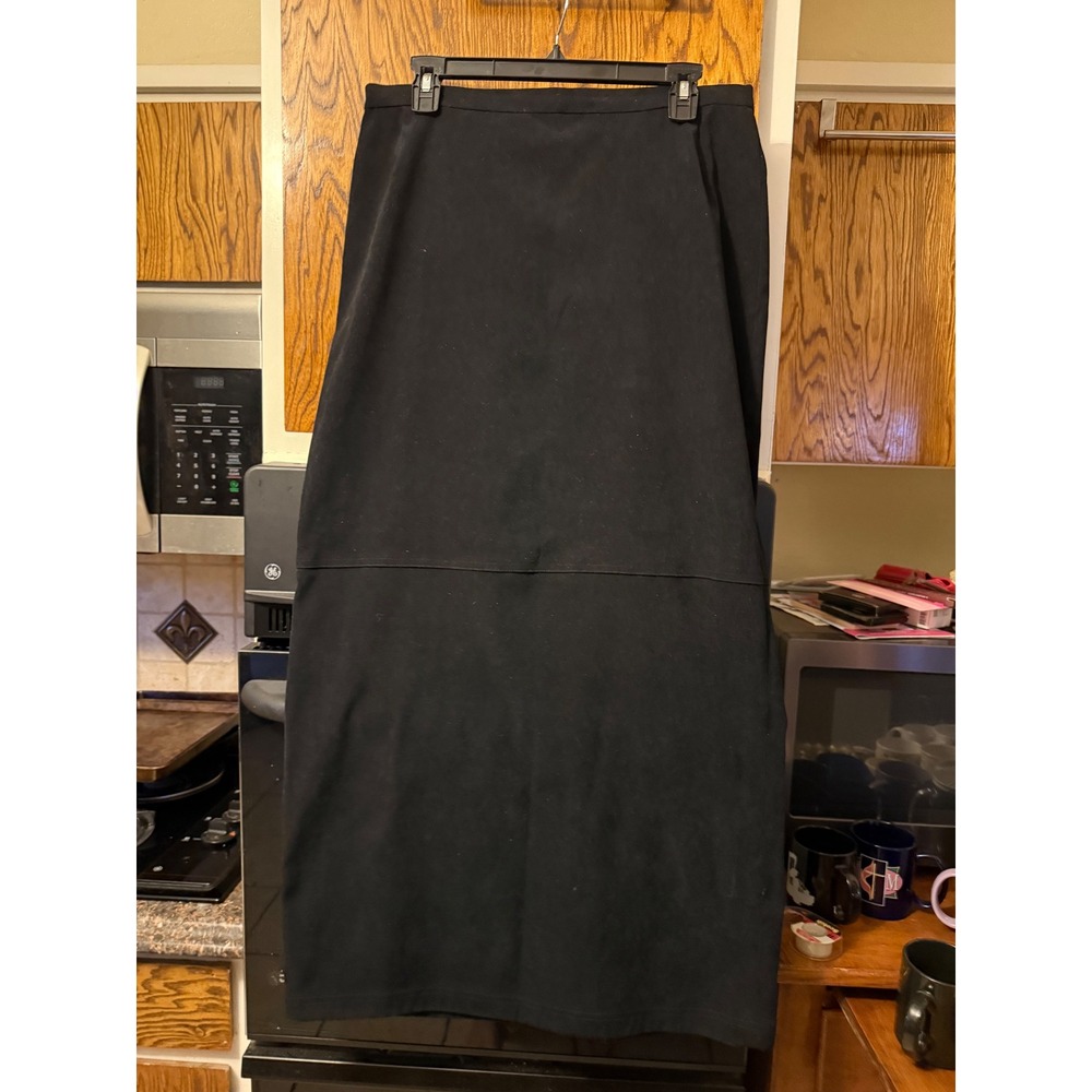 August Silk Black Faux Suede Midi Skirt Size 12 Back Kick Pleat Professional